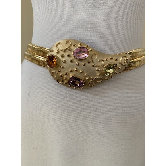 Vintage Gold  Double Chain Link Belt Embellished Semi Precious Stones Small